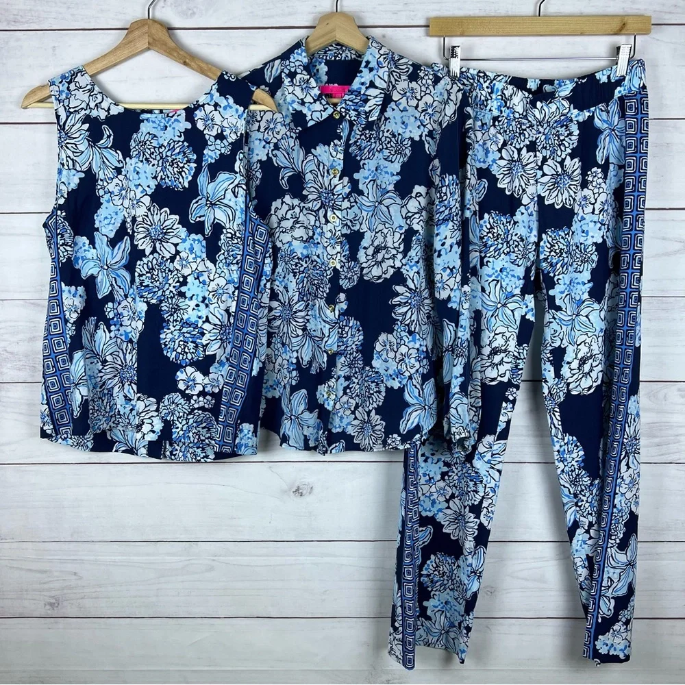 Lilly Pulitzer Tank Top, Button Shirt, Pant Set Low Tide Navy Medium And Small - Picture 1 of 14